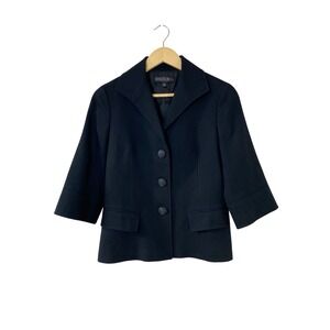 Lafayette 148 New York Petite Black 100% Wool 3/4 Sleeve Blazer Jacket Size 4P